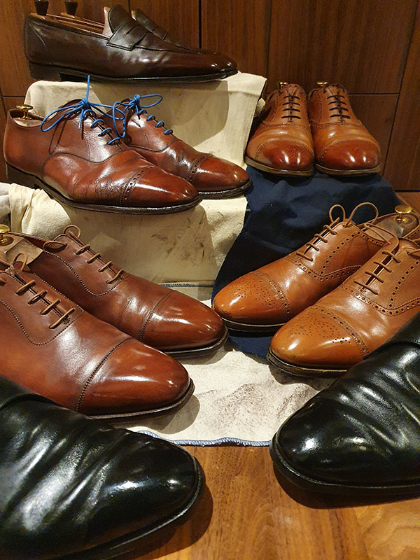 Collection of leather shoes after a shoeshine